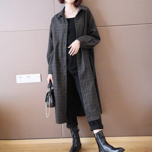 2020 Autumn Winter Korean Style Long Sleeve Singer Breasted Loose Midi Classic Plaid Casual Vintage Shirt Dress for Women Fall