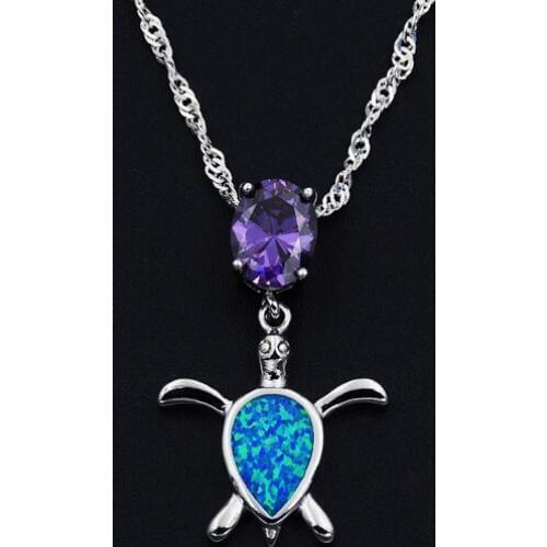 Swimming Turtle Fire Opal Pendant Necklace with Cubic Zirconia