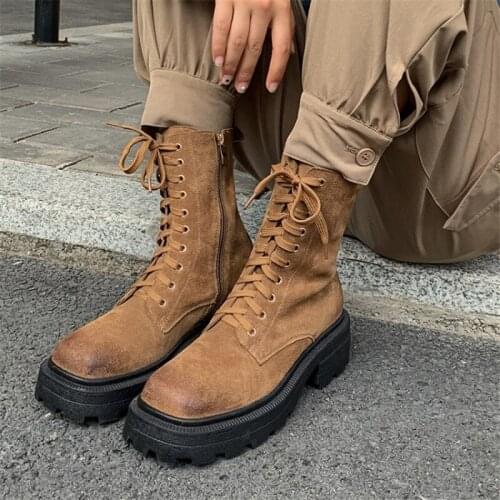 PXELENA Retro Cow Suede Combat Boots Women Chunky Med Heels Autumn 2020 Shoes Lady Biker Motorcycle Punk Rock Gothic Boots 34-41