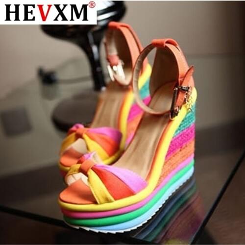 2020 Summer Sandals Women Womens Ladies Wedges High Multicolor Patchwork Sandals Peep Toe Roman Shoes Sandals High Heels