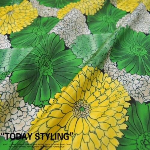 Silk Cotton Fabric Dress 19 momme Large Wide Big Yellow Green Chrysanthemum Floral clothing Cloth DIY Textile Tissue