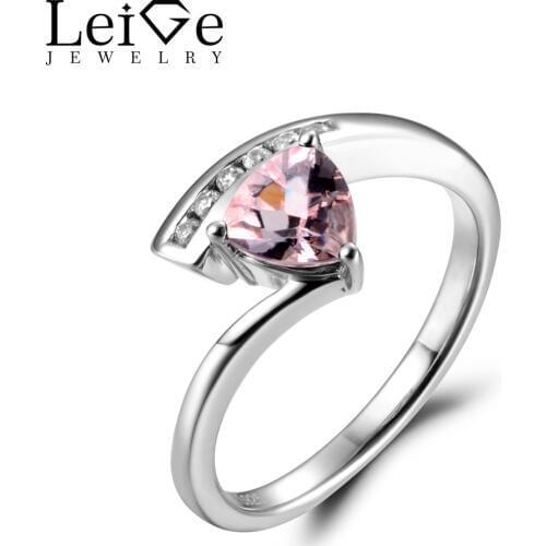 LeiGe Jewelry Natural Pink Morganite Wedding Rings Trillion Cut Pink Gems Ring 925 Sterling Silver Customized Rings for Women