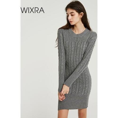 Wixra Knitted Short Bodycon Dress 2019 Autumn Winter All Base Match Solid O Neck Long Sleeve Sweater Dresses