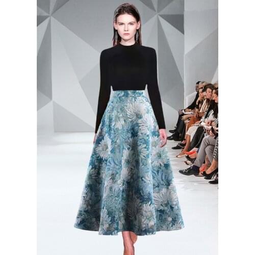 Vintage Oil painting Floral Jacquard Long Skirts 2 Piece set Women Fall Winter Knit Pullover Tops + A-line Skirt Ensemble Femme