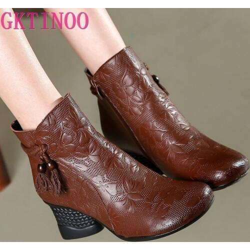 GKTINOO Woman Retro Engraved Flower Genuine Leather Boots Women Side Zipper Cowhide Ankle Boots Vintage Floral Warm Winter Shoes