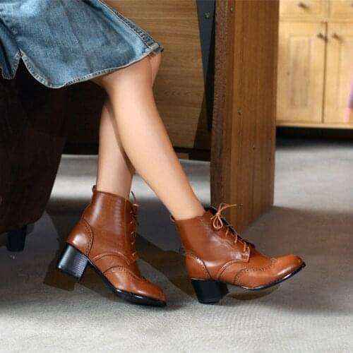 YMECHIC Autumn 2019 Vintage Brown Black White Brogue Carve Block Chunky Lace Up Heels Booties Women Shoes Ankle Motorcycle Boots