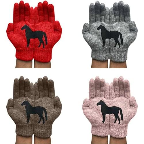 Ladies Woolen Gloves Autumn And Winter Outdoor Warm Horse Printing Gloves