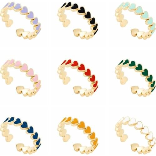 GS 925 Sterling Silver Colored Enamel Heart String Adjustable Rings For Women Red Pink Drop Oil Heart Opening Rings Jewelry