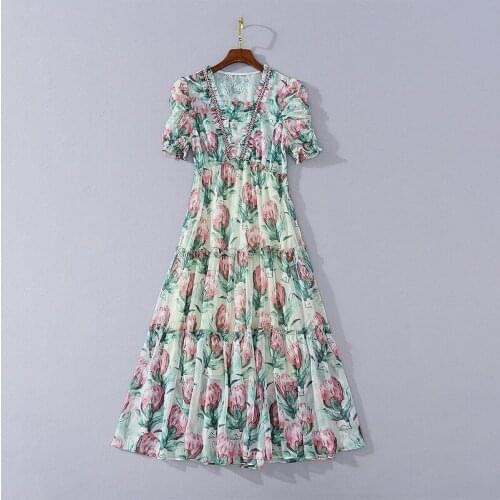 2021 Spring Free Shipping Beads Dress Above Knee Green Square Collar Short Sleeve Empire Wo