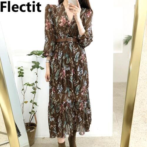 Flectit Vintage Women Floral Dress With Belt Long Sleeve V Neck Airy Chiffon Feminine Dress Fall Spring 2020