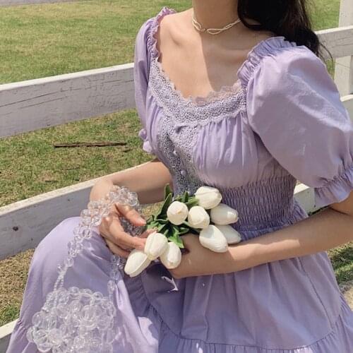 2021summer short sleeve Purple Elegant Lace Dress Vintage Square Collar Female French first love sweet Casual Holiday dress
