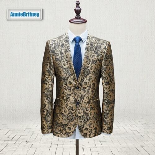 2017 Latest Coat Pant Designs Gold Brown Floral Men Suit Pattern Jacket Fashion Blazer Slim Fit Style Suits Custom Tuxedo Ternos