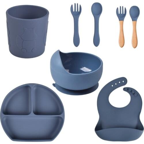 8 Pcs Baby Silicone Bib Divided Dinner Plate Sucker Bowl Spoon Fork Cup Set Training Feeding Food Utensil Dishes