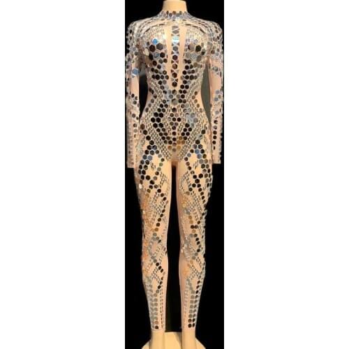 Shining Silver Sequins Crystals Long Dress Women Stage Dance Transparent Mess Mirrors Bodysuit See Through evening dresses