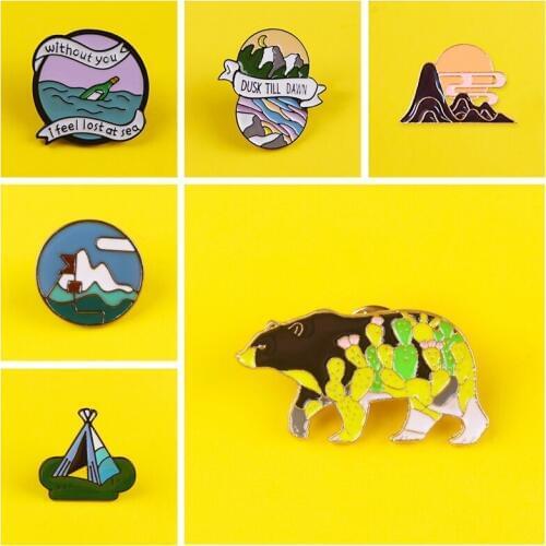 Scenery Pin Badges On Anime Backpack Set Wave Fish Enamel Pins Lapel Pin Bags Badge Gifts Brooch Stripes For Clothes Metal Badge