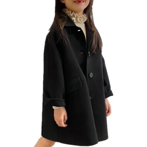 Baby Girls Fashion Woolen coat Black Buttons Pockets Thick Wool Winter Coats Jackets Kids Children Overcoat