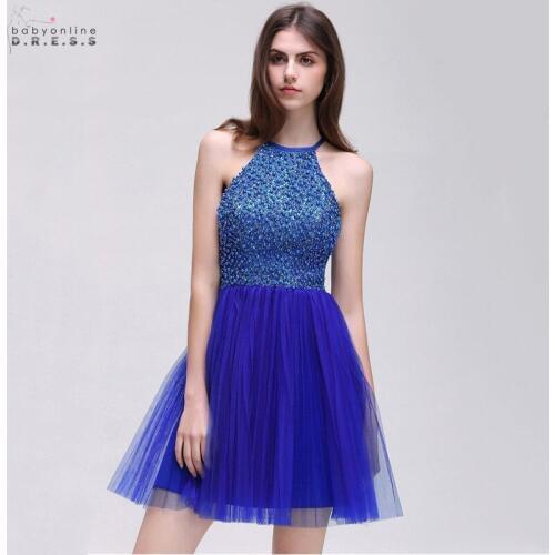 24 Hours Shipping Royal Blue Mini Cocktail Dresses Sexy Halter Neck Short Party Dresses Vestidos Coctel Robe de Cocktail