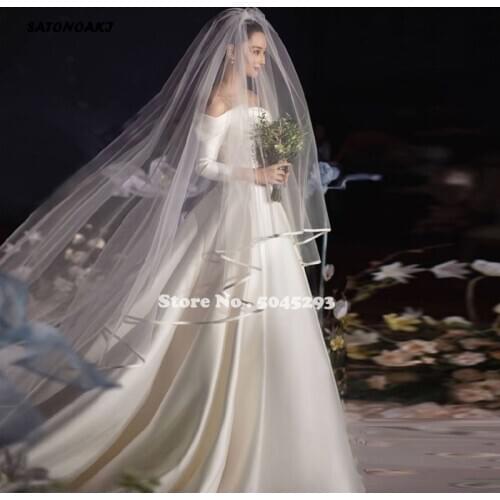 Real Photo White/Ivory Two Layer Wedding Veil 3.5m Ribbon Edge Mantilla Bridal Accessorie Voile Mariage Velos De Novia Undefined