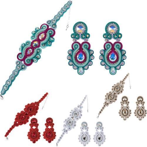 KPacTa Personality Retro Handmade Big Pendant Earrings Bracelet Leather Round Ladies Earrings Bracelet Set National Wind Gift