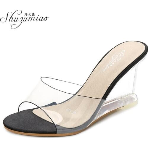 SHUZUMIAO Hot Sale Women Shoes Summer Fashion PVC Transparent Leisure Shoes Women Crystal Wedges Fish Mouth Sandal Slippers