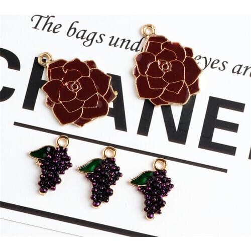 Mini Order 20PCs Enaemel Alloy Pendant Charms Gold Color Plated Oil Drop Plant Flower Fruit Grape Jewelry Bracelet Charm Craft