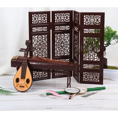New Hot！Exquisite Retro Dollhouse Miniature Folding Screen Flute Lute Guzheng Fan Life Scene Ornament