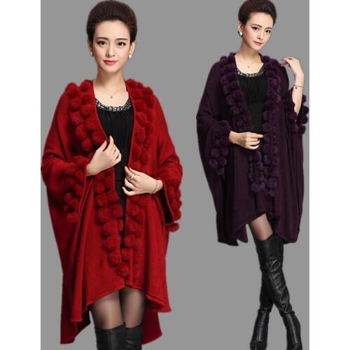 Fashion Trend Women Rabbit Fur Poncho Shawl Coat Long Knit Cashmere Cape Fur Sweater Pashmina Autumn Winter New