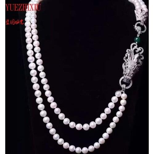 Natural white freshwater pearl 7-8mm luxury 2row necklace inlay zircon atmospheric faucet buckle fine jewelry 17-19inch