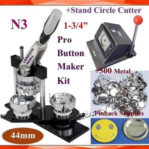 NEW Professional All Steel N3 1-3/4" 44mm Badge Button Maker Machine + Stand Punch Die Cutter+500 Sets Metal Pinback Supplies