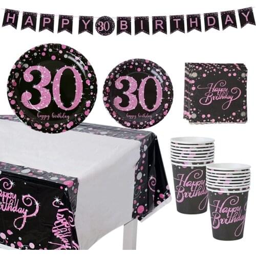 21 30 40 Years Old Birthday Party Tableware Disposable Set Paper Plate Cups Banner For Adult Birthday Anniversary Decor Supplies