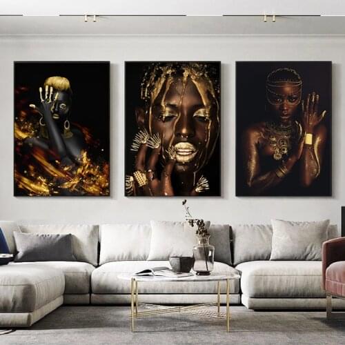 African Art Black and Gold Woman Canvas Painting Abstract Figure Posters and Prints Wall Art Picture Living Room Home Decoration