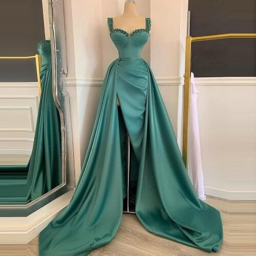 Elegant Satin A-line Evening Dresses Sweetheart Side Crystals Beads Prom Gowns Slit Pleat Pageant Gown robe de soiree