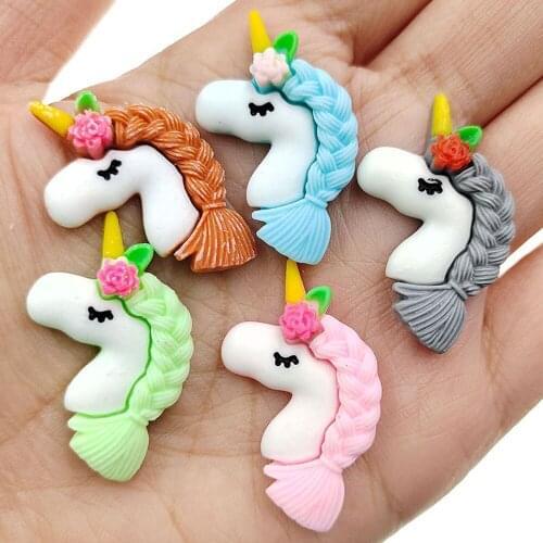 50pcs 5 Colors Mix Cartoon Flower Horse Unicorn Head Flatback Planar Resin Cabochon DIY Crafts for Home Decoration Accessories