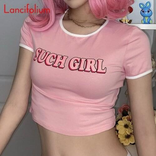 Sexy Y2k E Girl Kawaii Cute Short Tshirts Contrast Pink Letter Print Graphic Corset Crop Top T Shirts Baby Tee Women Summer 2021
