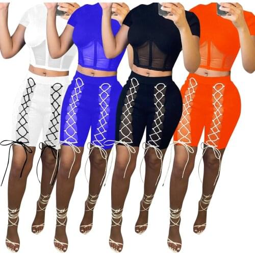Sexy Sheer Mesh Two Piece Set Short Sleeve Crop Top And Criss-Cross Lace Up Knee Length Pants Night Clubwear Summer Clothes