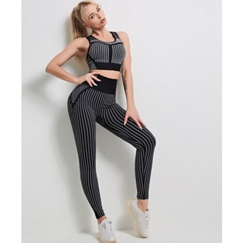 SALSPOR Sports Sets Women Fitness Stripe Shockproof Bra High Waist Quick Dry Push Up Leggings Joggings Athletic Gym Tracksuit