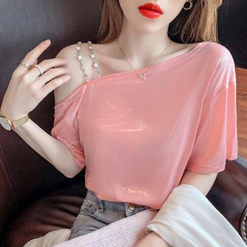 Top Femme 2021 Summer New Sexy Slant Collar Off-shoulder Sling Thin T Shirt Short-sleeved Solid Color Fashion Loose Women Blouse