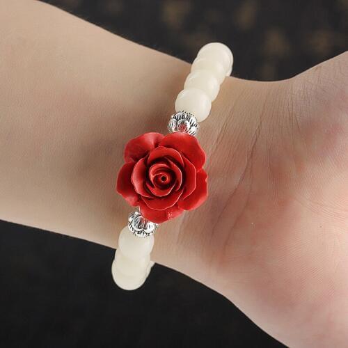 Zen White Bodhi Beaded with Cinnabar Carved Roses Natural Lobular Rosewood Carving Lotus Bracelet For Women Buddha Gift Jewelry