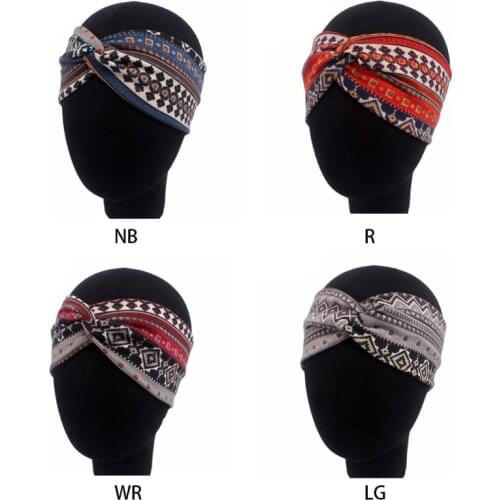 Women Ethnic Printed Cross Wide Headband Twisted Turban Elastic Hairband Beauty