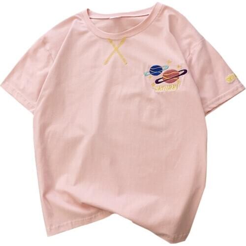 Zuolunouba Casual Loose Women T-shirt Embroidery Geometric Letter Flicker Planet Female Tees Korean Short Sleeve Summer Tops