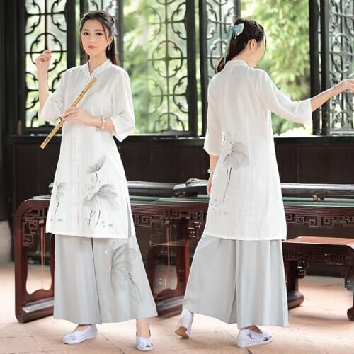 Chinese Style Wide-Leg Pants Suit Women 2019 Spring New Woman Printed Vintage Long Top + Long Pants Two Piece Sets Female TA2107