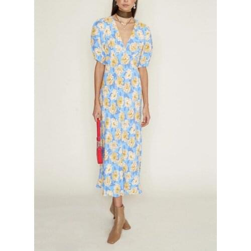 Women Midi Dress Floral Dress 2021 New Summer V-neck Short Lantern Sleeve Ladies Long Dresses for Holiday Female Outfit