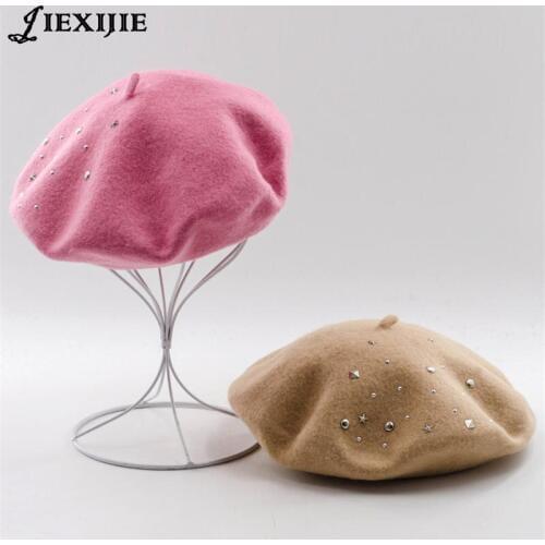Jiexijie winter hats High quality wool Mina models riveted pink wool beret ladies painter hat rivet round cap gorros for womens
