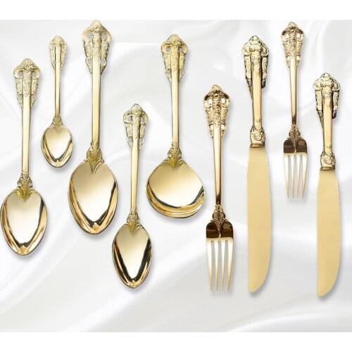 Golden Luxury Dinner Set Vintage Western Gold Plated Cutlery Stainless Steel Knife Fork Set Vintage Kitchen Untensile