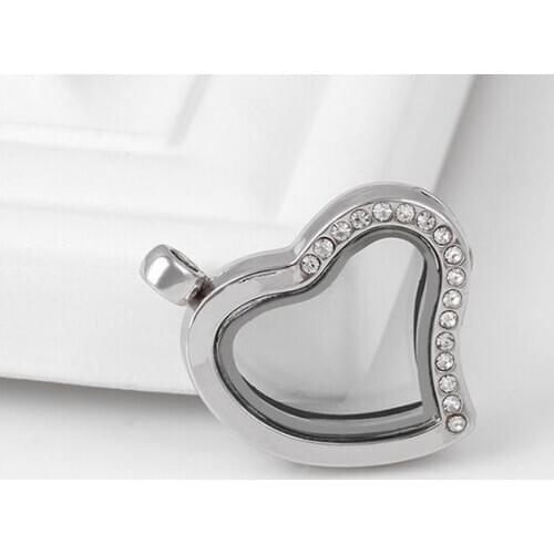 10SET/lot Free Chains Half Rhinestones 30MM Heart Shape Magnetic Glass Floating Locket Pendant