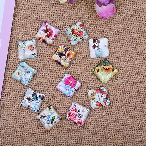 20x20mm Random mixed Square Flowers Glass Cabochon Flatback Photo Base DIY Jewelry Making accessory by pair 10pcs K05518
