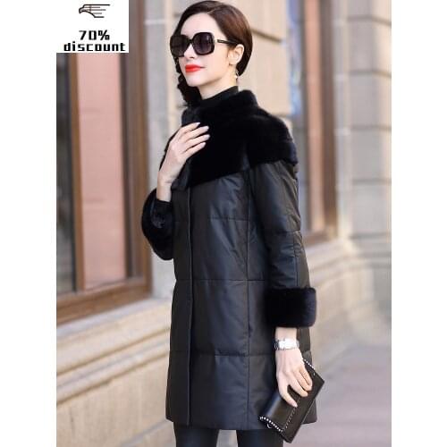2020 Winter Coat Women Leather Jacket Real Mink Fur Collar Down Jacket Women Genuine Sheepskin Coat Long Jackets MY4456
