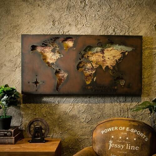 3D Iron World Map Painting Board Bar Restaurant Wall Pendant Industrial Wind Living Room Bedroom Wall Decorations