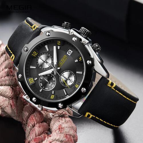 MEGIR Mens Casual Chronograph Quartz Watches Fashion Leather Strap Luminous Hands Analogue Wrist Watch for Man 2074GS-BK-1N13