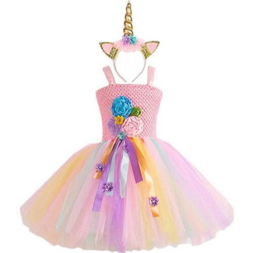 Kids Unicorn Costumes Pony Tutu Dress with Flower HeadBand Wings Princess Girls Fancy Dress Up Children Halloween Clothing 2-10T